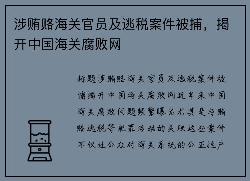 涉贿赂海关官员及逃税案件被捕，揭开中国海关腐败网
