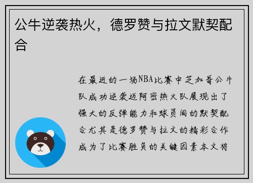 公牛逆袭热火，德罗赞与拉文默契配合