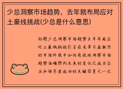 少总洞察市场趋势，去年就布局应对土豪线挑战(少总是什么意思)