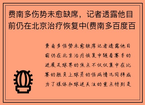 费南多伤势未愈缺席，记者透露他目前仍在北京治疗恢复中(费南多百度百科)