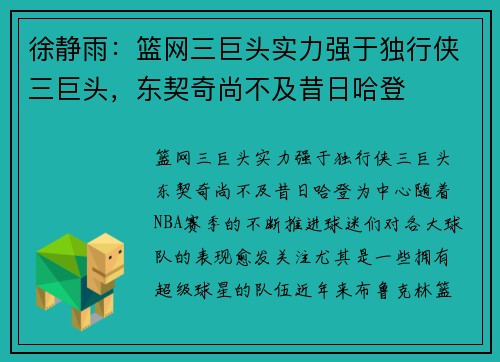 徐静雨：篮网三巨头实力强于独行侠三巨头，东契奇尚不及昔日哈登